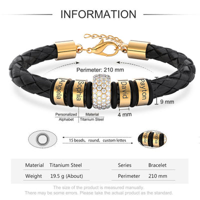 Father's Day Gift Men Braided Leather Bracelet with Diamond Custom Beads