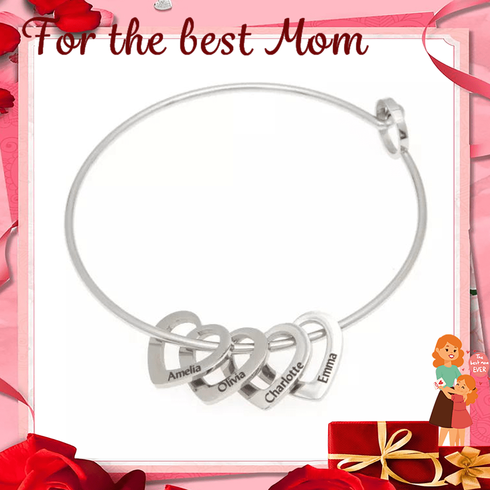 Christmas Gift Family Bangle Bracelet with Heart Shape Pendants