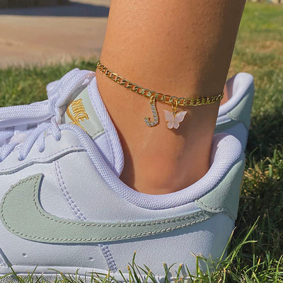 Personalized Initial Anklet with Butterfly Charm Dainty Summer Foot Chain for Women