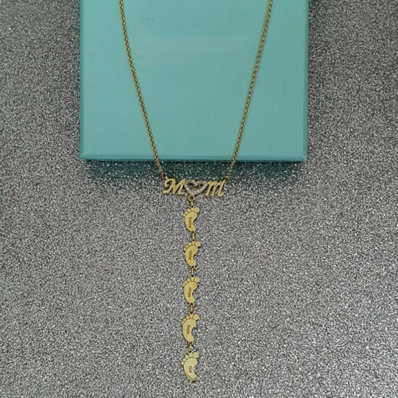 Christmas Gift Personalised Heart Crystal Mom Necklace With Baby Feet