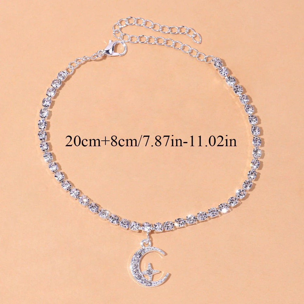 Mother's Day Gift Dainty Tennis Anklet Boho Style Summer Moon & Star Foot Chain for Women