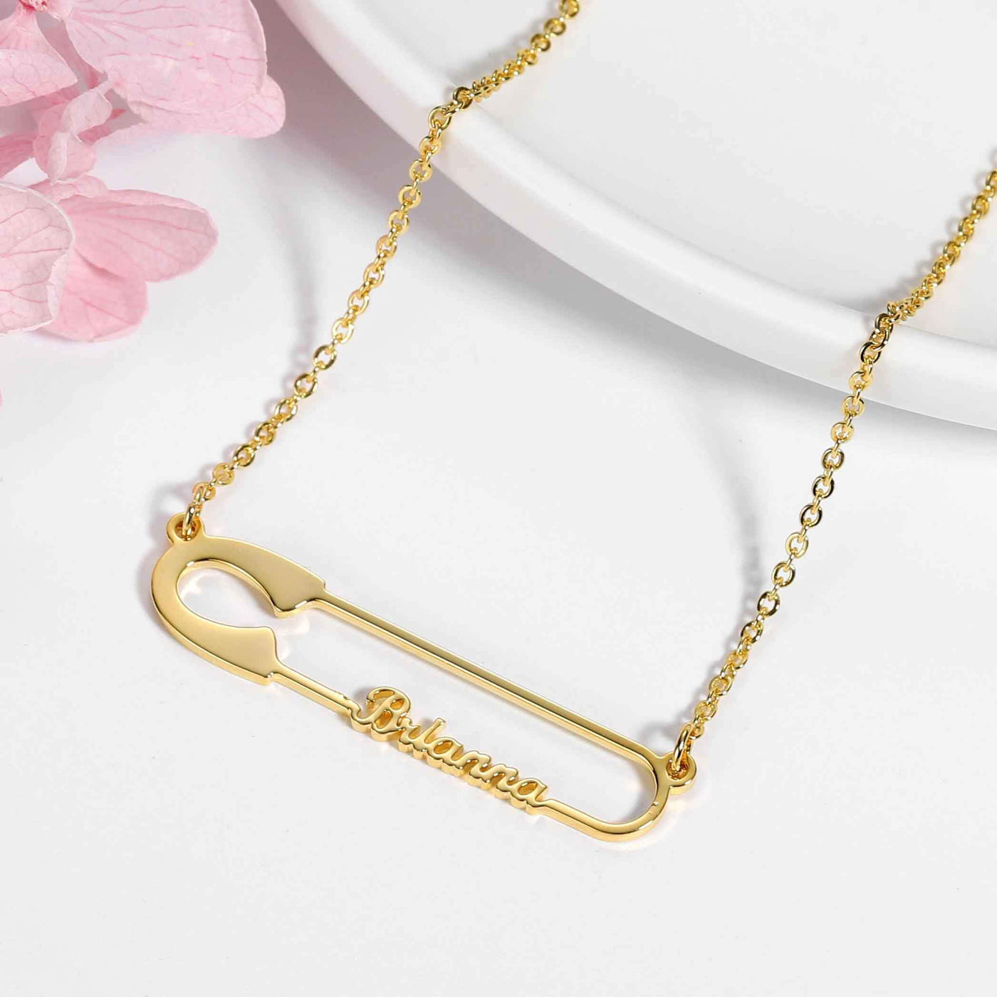 Safety pin necklace with name