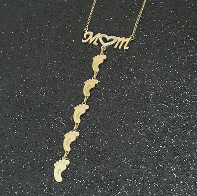 Christmas Gift Personalised Heart Crystal Mom Necklace With Baby Feet